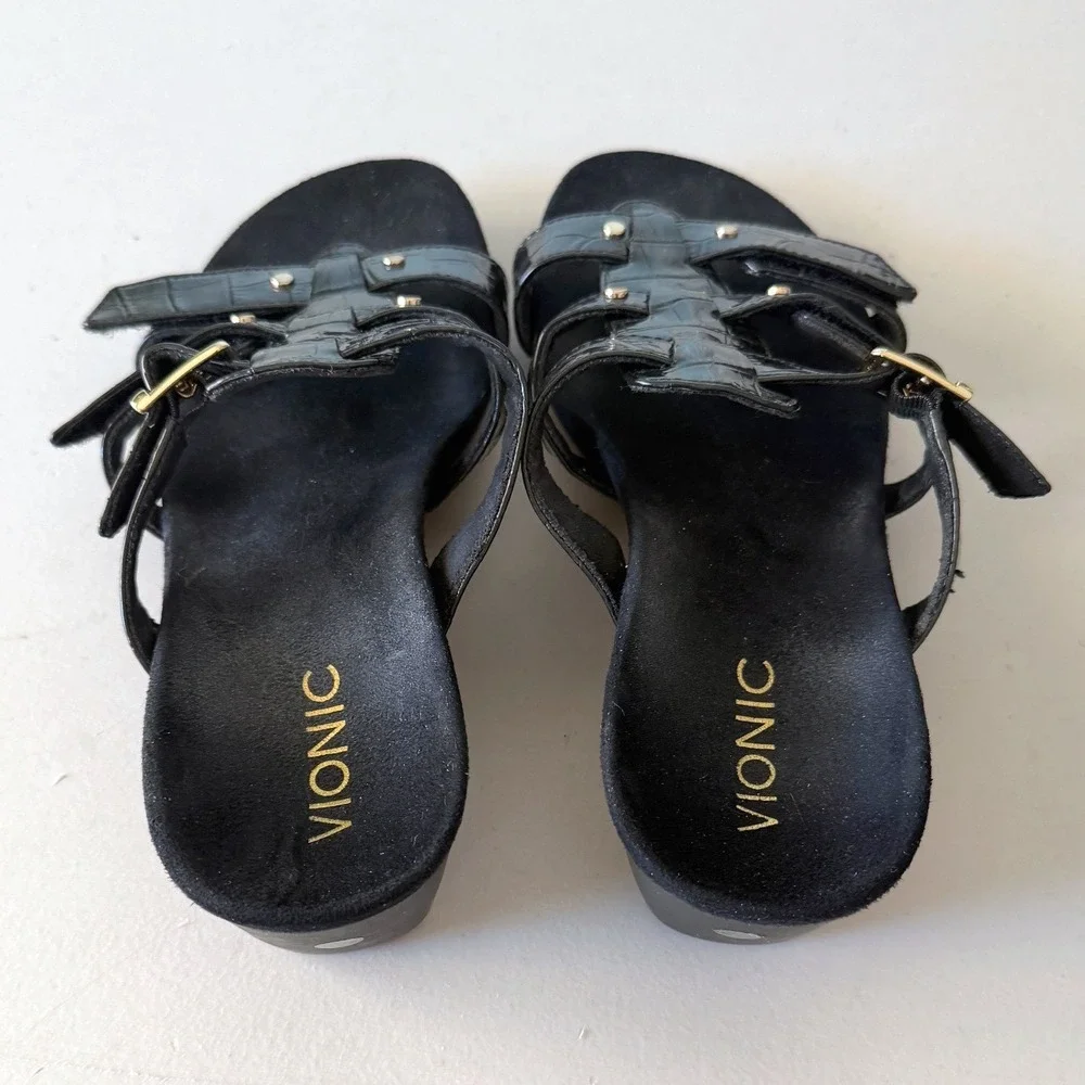 Vionic Black Croc Patent Leather Wedge Sandals Buckle Straps Womens 8 Wide